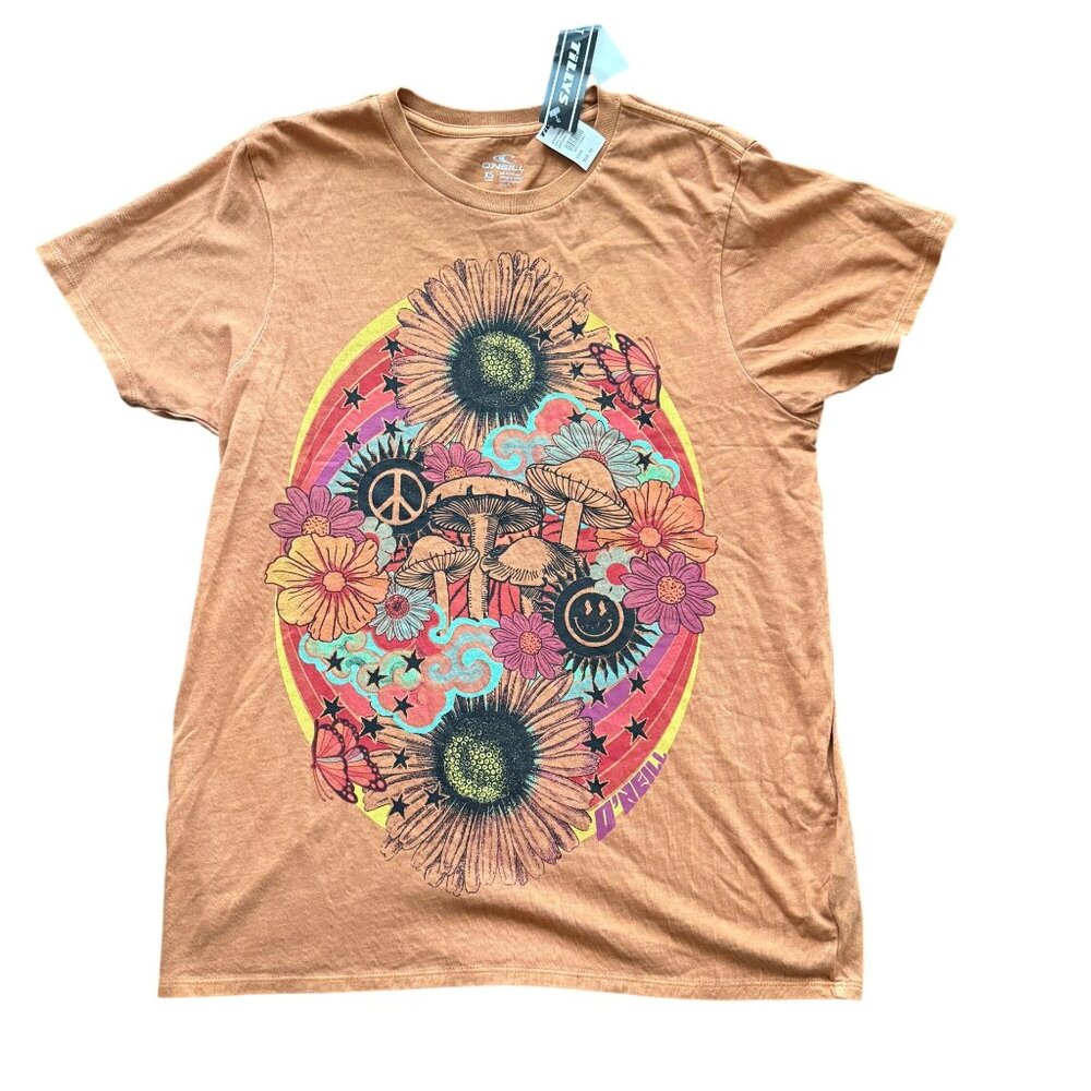 ONeill Womens XS Graphic Tee Brown Floral Psychedelic Design Lightweight Cotton